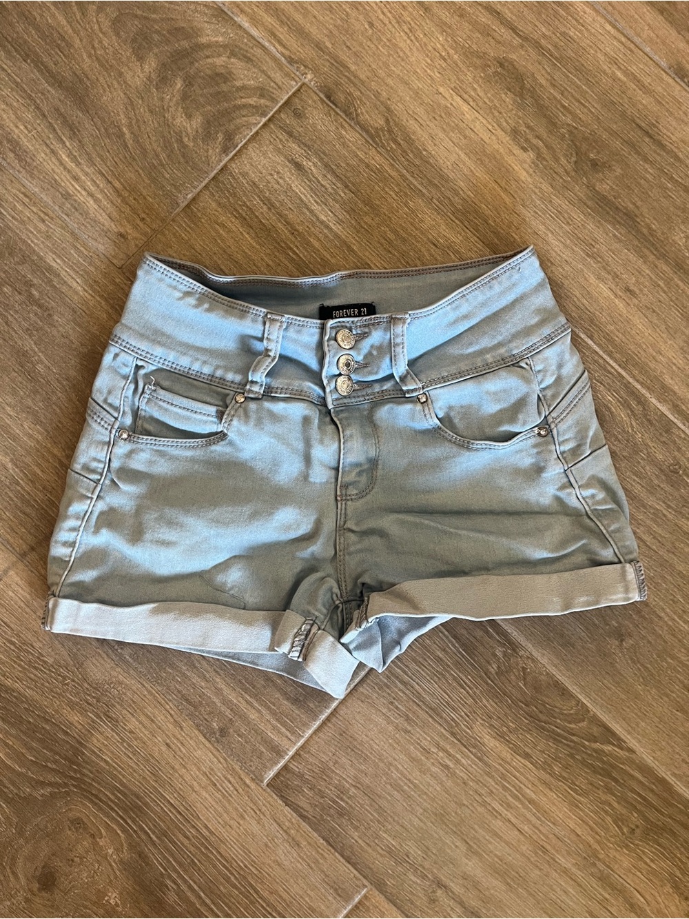 Forever 21 Pale Blue Triple-Button High-Rise Denim Shorts